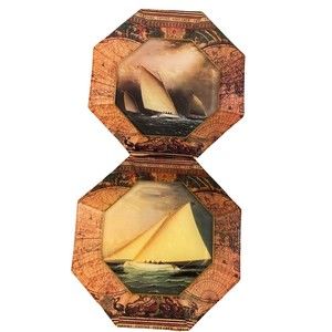 2 Marye Kelley Octagon Cat Boats Map Boarder Decoupage Plates Block Island 8.5"